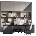 Modern Office Desk With Wooden Bookshelf Computer Books And Decorative Items