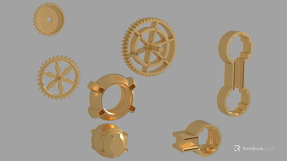 Golden Mechanical Parts Collection Featuring Gears Nuts And Various Shapes 3d model 