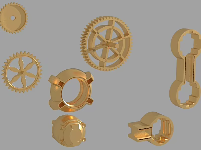 Golden Mechanical Parts Collection Featuring Gears Nuts And Various Shapes 3d model