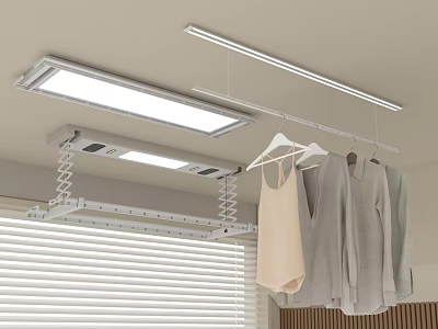 Smart Clothes Drying Rack With Hanging Clothes And Overhead Light In Indoor Setting 3d model
