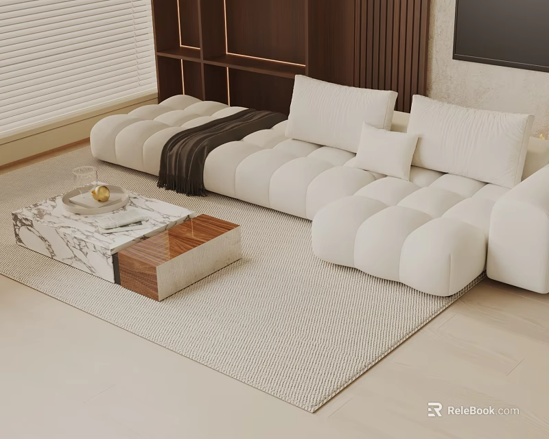 White Padded Three Seater Sofa In Modern Living Room With Coffee Table And Woven Rug 3d model 