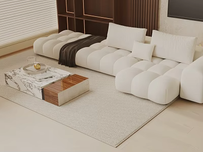 White Padded Three Seater Sofa In Modern Living Room With Coffee Table And Woven Rug 3d model