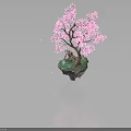 Pink Cherry Blossom Tree with Small Fox Underneath Falling Petals and Island Base