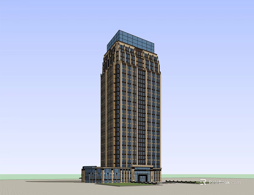 Tall Modern Office Building Architectural Design With Glass Top Exterior And Base Entrance 3d model 