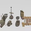 Various Types of Traditional Wooden Boats Moored Near Wooden Dock on Calm Water