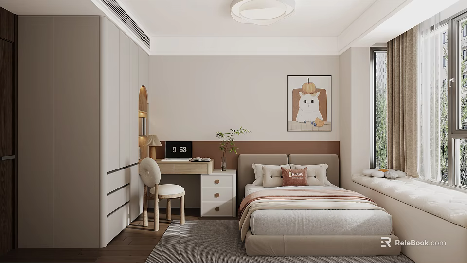 Modern Bedroom Bookcase Interior Design With Open Shelves And Storage Space 3d model