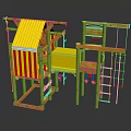 Wooden Children's Play Building With Yellow Roof Red White Stripes Climbing Net And Ropes