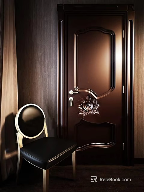 Secure Brown Security Door With Decorative Floral Design Silver Handle Against Wooden Wall 3d model 