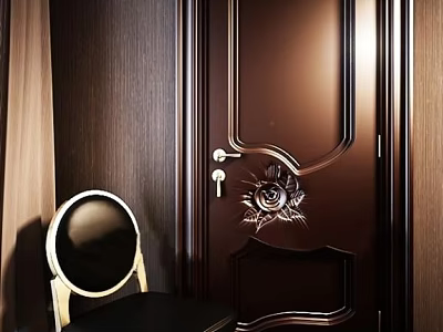 Secure Brown Security Door With Decorative Floral Design Silver Handle Against Wooden Wall 3d model