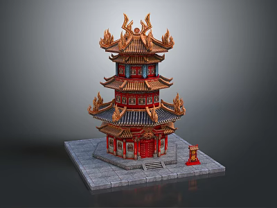 Cartoon Chinese Traditional Tower With Golden Decorations And Red Doors On Gray Stone Base 3d model