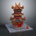 Cartoon Chinese Traditional Tower With Golden Decorations And Red Doors On Gray Stone Base
