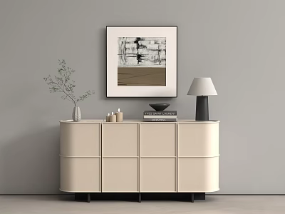 Stylish Beige Entryway Cabinet Sideboard With Vase Candles Books Table Lamp And Abstract Painting 3d model