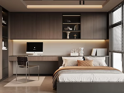 Modern Tatami Bedroom With Dark Wooden Cabinets Desk Computer Bed Pillows And Window Blinds 3d model