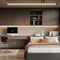Modern Tatami Bedroom With Dark Wooden Cabinets Desk Computer Bed Pillows And Window Blinds