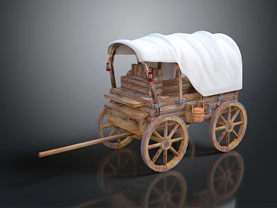 Old Fashioned Wooden Wagon With White Canvas Cover And Vintage Wooden Wheels Design 3d model