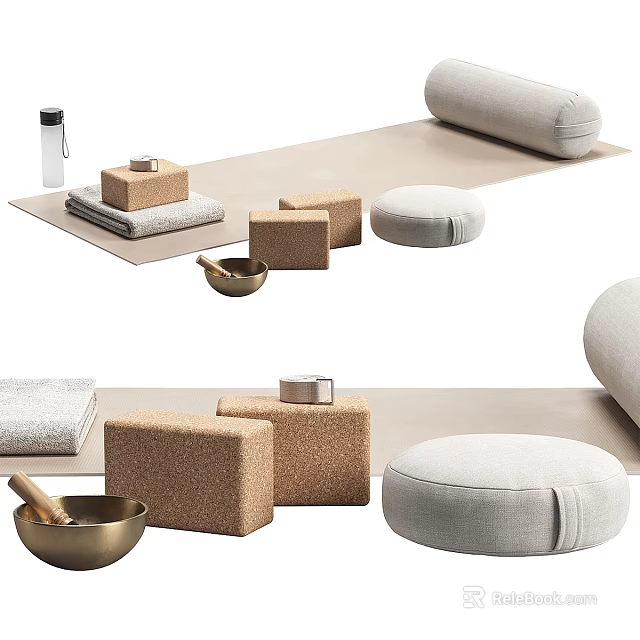 Yoga Meditation Sports Equipment Including Cork Blocks Mat Cushion Blanket Brass Bowl Water Bottle 3d model 