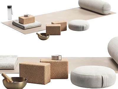 Yoga Meditation Sports Equipment Including Cork Blocks Mat Cushion Blanket Brass Bowl Water Bottle 3d model