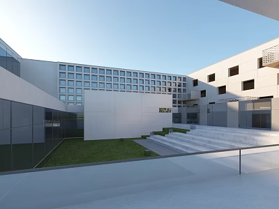 Modern School Building Architectural Design With Large Glass Windows White Walls Courtyard Lawn And Steps 3d model