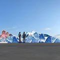 Outdoor Stage With Mountain Background And Flower Decorations And Silhouette Figures