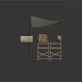 Rustic Outdoor Daily Necessities Display With Wooden Frame Canopy Tables Boxes And Baskets