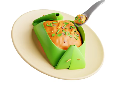 Tasty Food in Green Container Topped with Sauce Fresh Green Garnish and Spoon Scooping 3d model