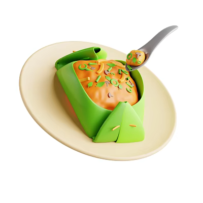 Tasty Food in Green Container Topped with Sauce Fresh Green Garnish and Spoon Scooping 3d model