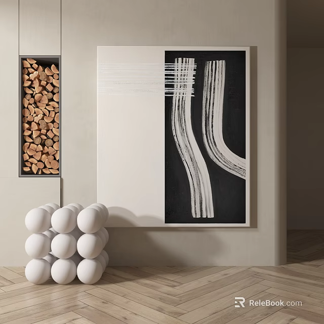 Black and White Abstract Painting on Modern Minimalist Wall with White Spherical Objects 3d model 