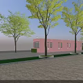 Vibrant Commercial Street with Pink Storefronts Market Signs Street Lamps Trees Pedestrians and Wet Pavement