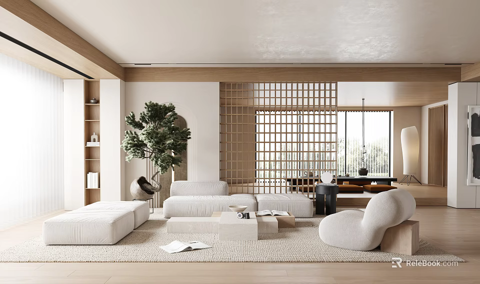 Modern Living Room Interior With White Sofas Wooden Screen And Green Plant 3d model 