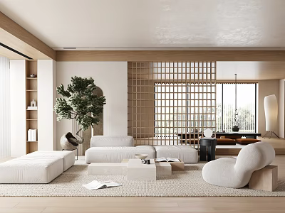 Modern Living Room Interior With White Sofas Wooden Screen And Green Plant 3d model