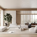 Modern Living Room Interior With White Sofas Wooden Screen And Green Plant