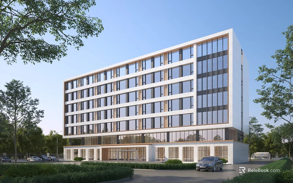 Modern Multi Storey Office Building With Glass Facade Large Windows And Greenery Around 3d model 