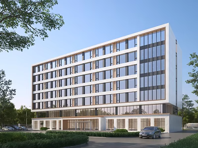 Modern Multi Storey Office Building With Glass Facade Large Windows And Greenery Around 3d model
