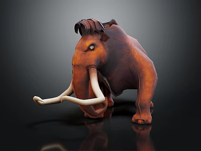 Furry Brown Mammoth With Long White Tusks Standing On Dark Surface 3d model