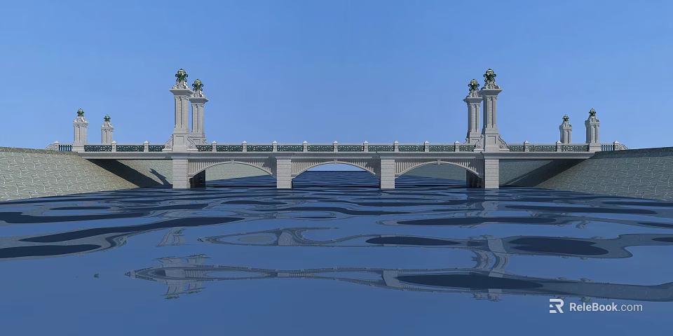 Ornate Bridge With Decorative Pillars And Water Reflection Under Blue Sky 3d model