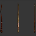 Three Different Designed Wooden Magic Wands With Intricate Handle Carvings And Details