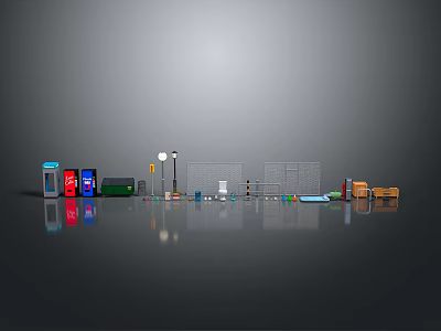 Urban Street Scene Components With Colorful Trash Bins Street Lamp Bus Stop Bench And Signboards 3d model