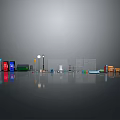 Urban Street Scene Components With Colorful Trash Bins Street Lamp Bus Stop Bench And Signboards