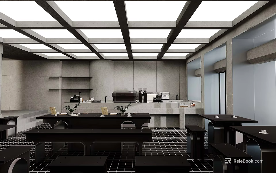 Modern Café Interior Design With Skylight Ceiling Black Tables And Benches 3d model 