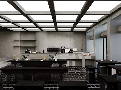Modern Café Interior Design With Skylight Ceiling Black Tables And Benches 3d model