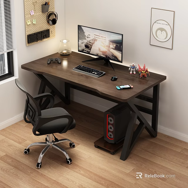 Modern Wooden Desk with Computer Monitor Keyboard Game Controller Lamp and Decorative Figurines 3d model 