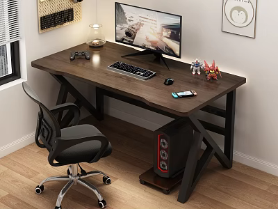 Modern Wooden Desk with Computer Monitor Keyboard Game Controller Lamp and Decorative Figurines 3d model