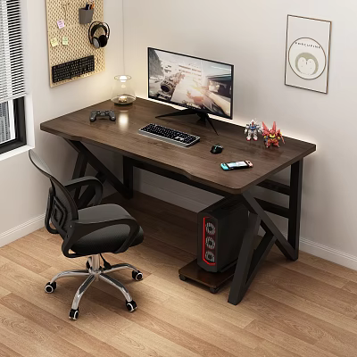 Modern Wooden Desk with Computer Monitor Keyboard Game Controller Lamp and Decorative Figurines 3d model