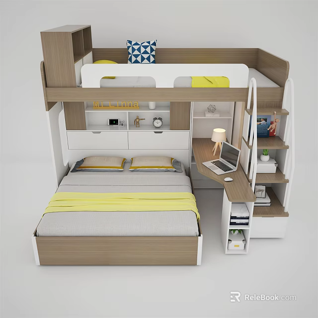 Modern Bunk Bed Design With Lower Bed Desk Storage And Bookshelf 3d model