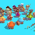 Colorful Cartoon Scene with Various Mushroom Houses Windmill and Small Elements like Trees Barrels