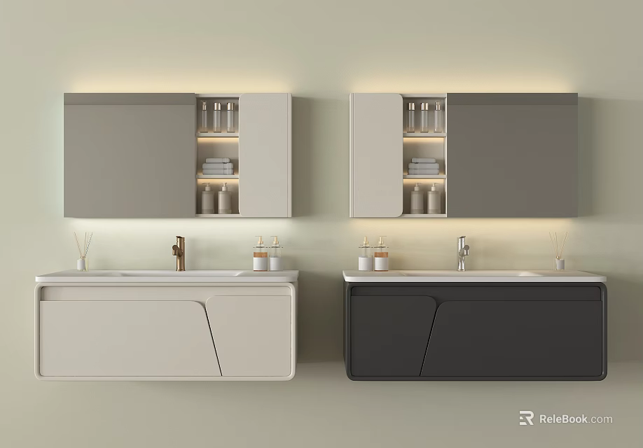 Modern Bathroom Vanity Cabinet Double Design With LED Mirror Cabinet Storage Shelves Faucets And Toiletries 3d model 