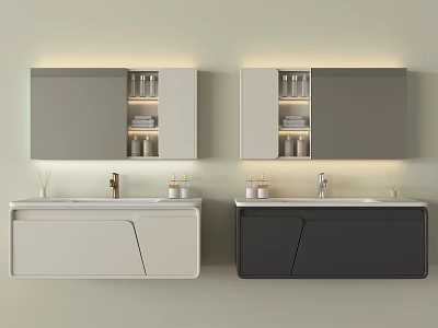 Modern Bathroom Vanity Cabinet Double Design With LED Mirror Cabinet Storage Shelves Faucets And Toiletries 3d model