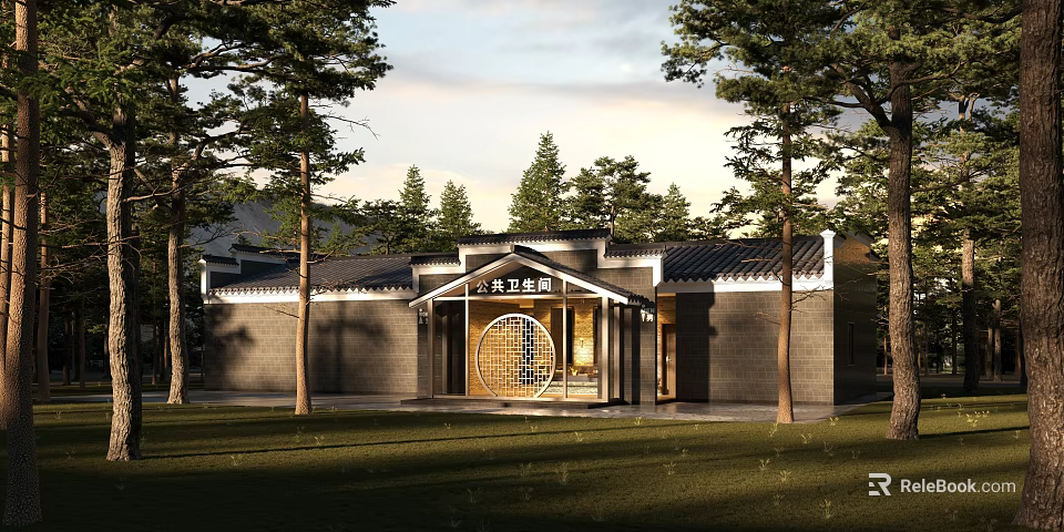 Traditional Chinese Architecture Public Restroom With Traditional Exterior Gray Brick Walls And Black Tile Roof 3d model 