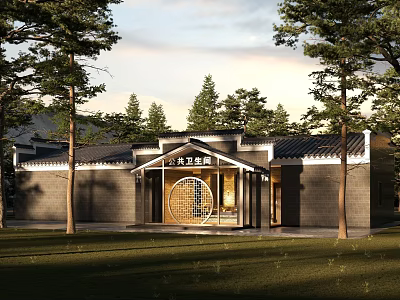 Traditional Chinese Architecture Public Restroom With Traditional Exterior Gray Brick Walls And Black Tile Roof 3d model