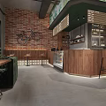 Industrial Style Café with Wooden Furniture Stone Walls Green Plants and Natural Light